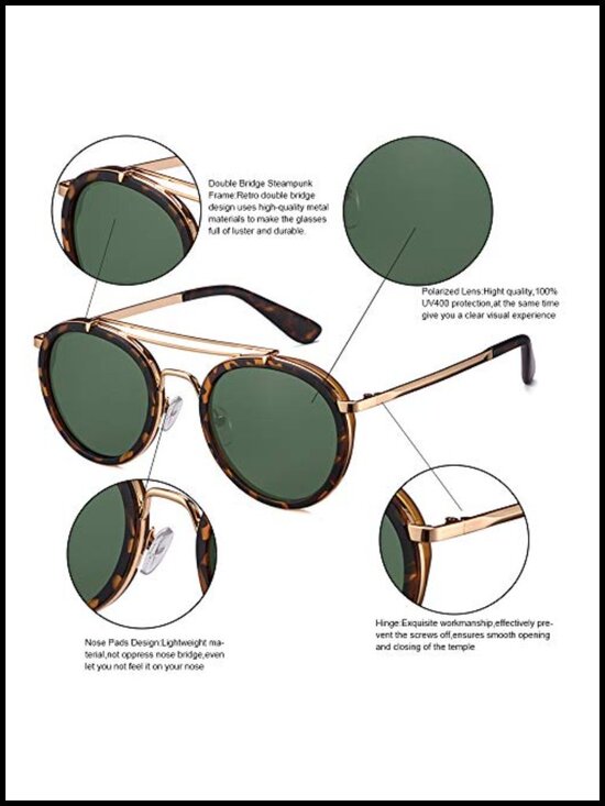 Steampunk Double Bridge Round Polarized Sunglasses Metal Frame
